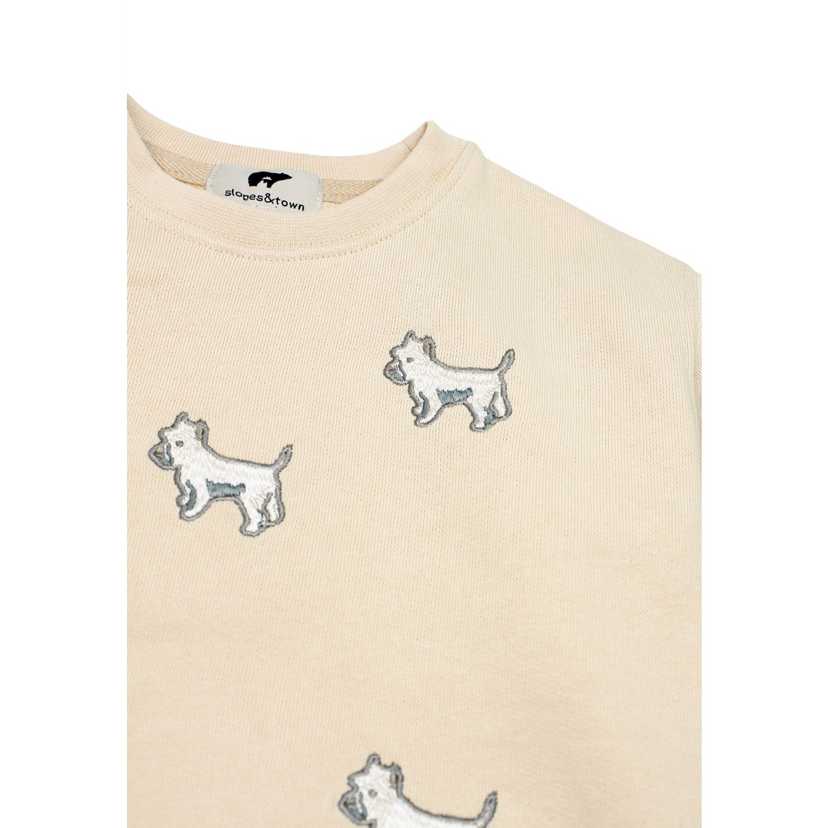 Kinder Trainingspak Beige | Geborduurde Witte Terriër | Maat 98–110