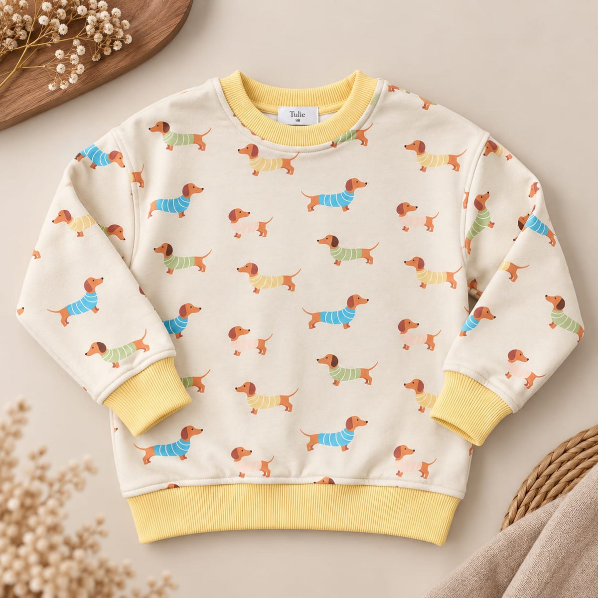 Kindersweater Teckelprint Crème — Schattige Hondenprint, Ronde Hals (maat 86–134)