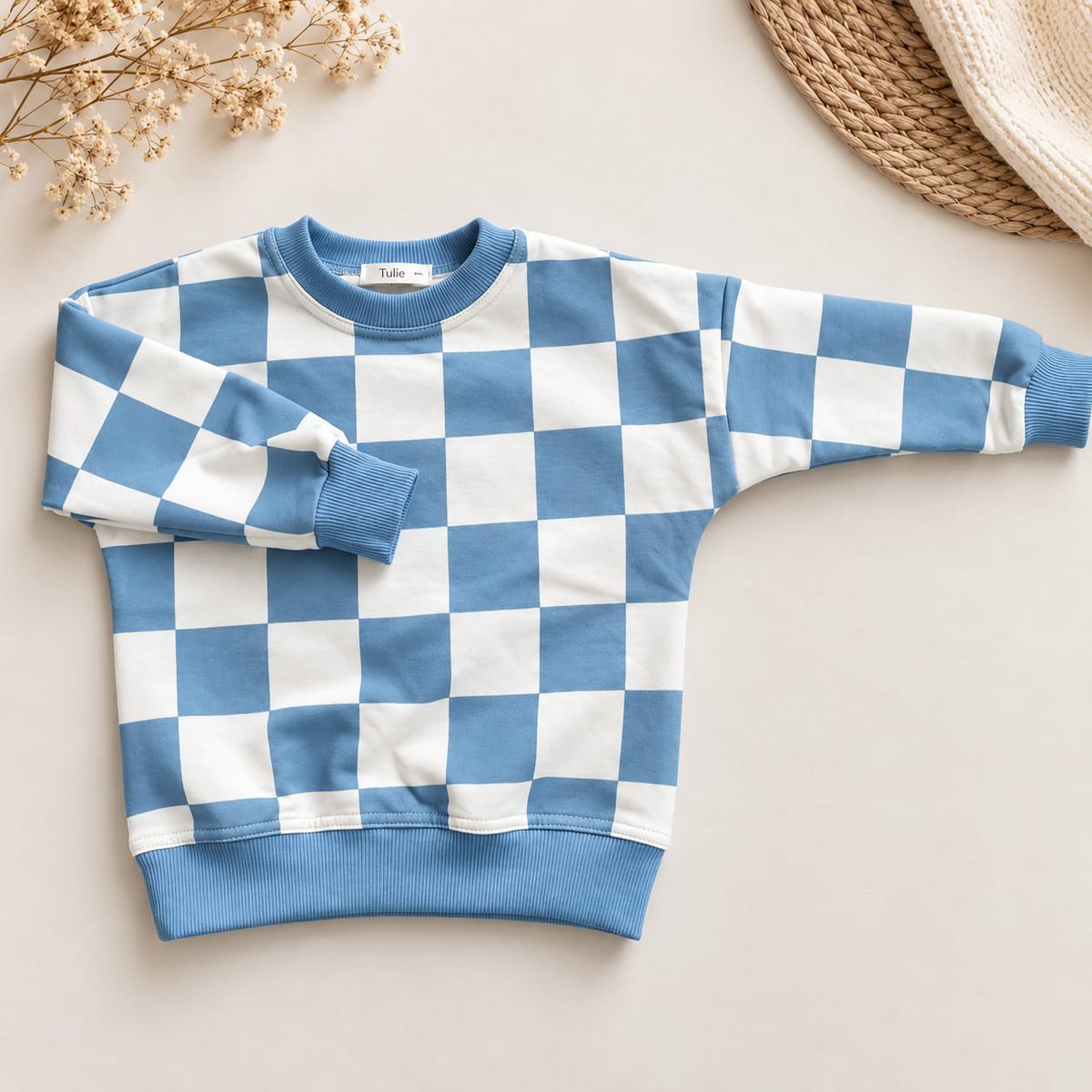 Kindersweater Dambordprint Blauw — Oversized Sweatshirt met Ronde Hals (maat 86–134)