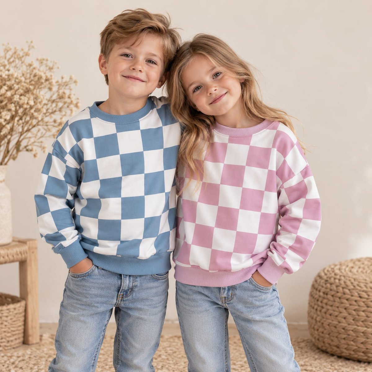 Kindersweater Dambordprint Blauw — Oversized Sweatshirt met Ronde Hals (maat 86–134)