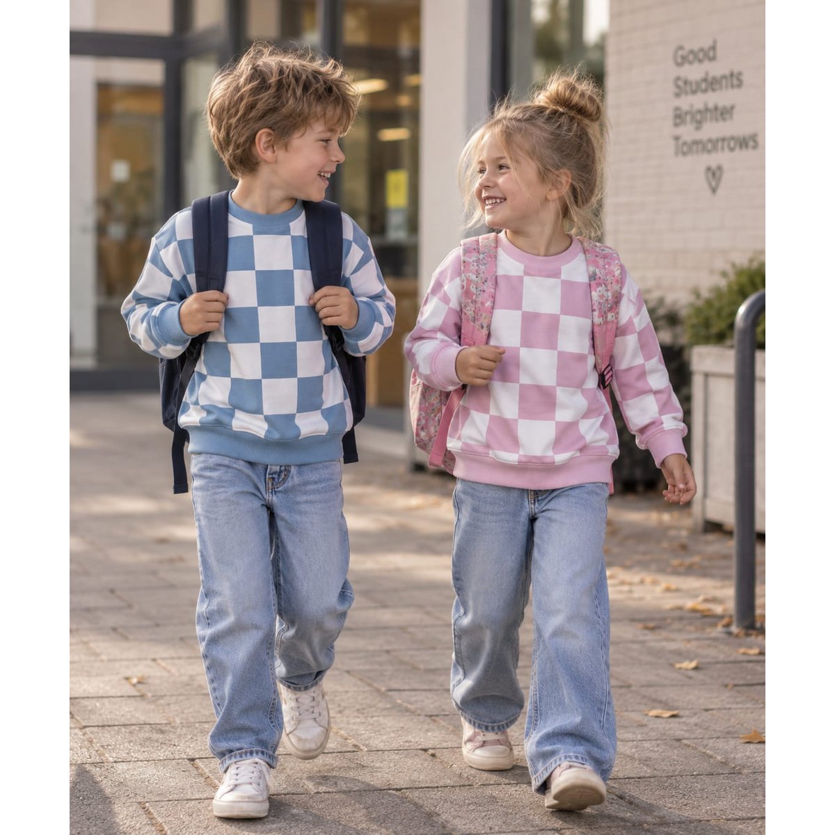 Kindersweater Dambordprint Blauw — Oversized Sweatshirt met Ronde Hals (maat 86–134)