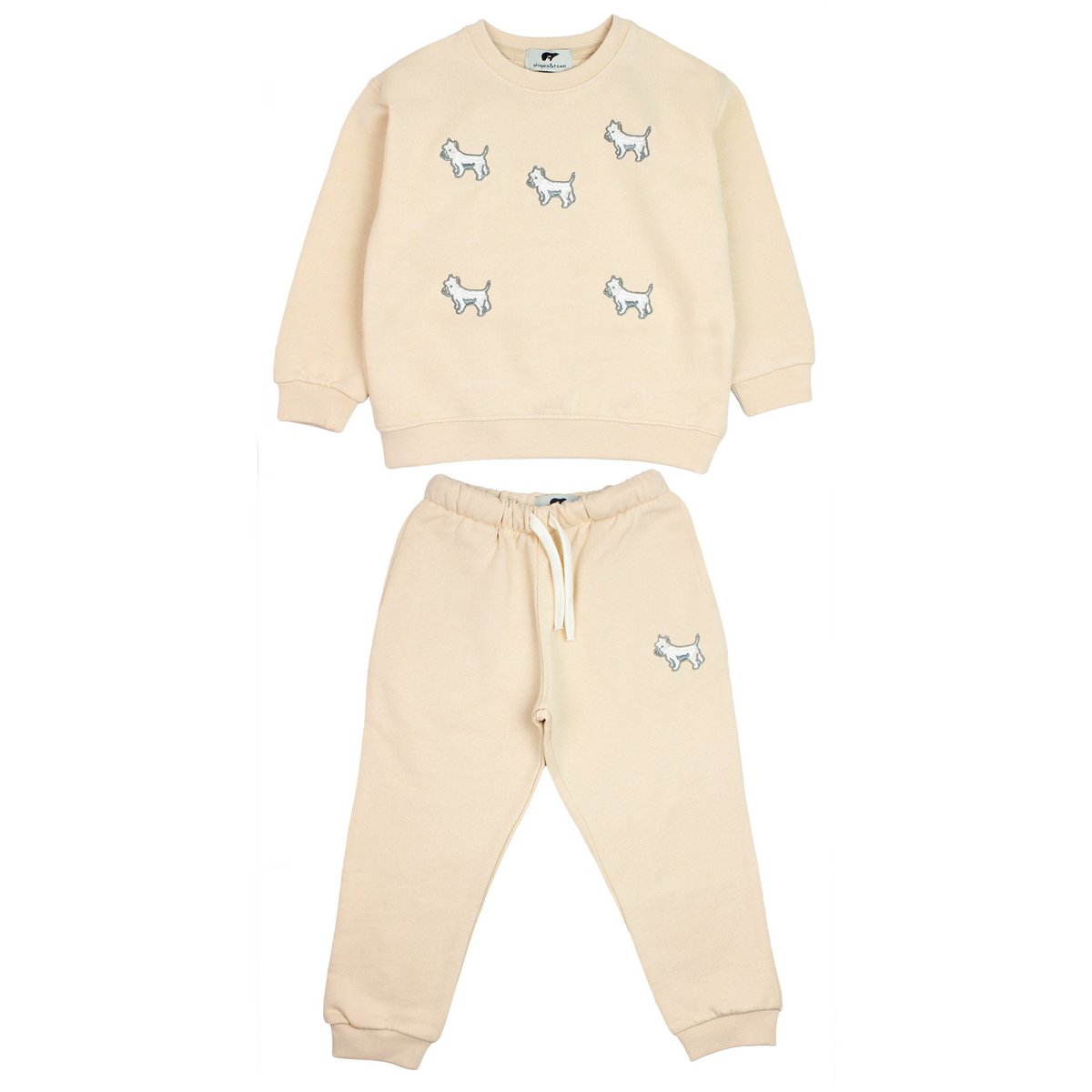 Kinder Trainingspak Beige | Geborduurde Witte Terriër | Maat 98–110