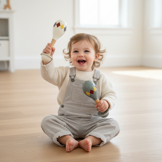 MAMAMEMO® Maracas Grijs Harlekin – Houten Babyspeelgoed vanaf 5 Maanden by Mamamemo
