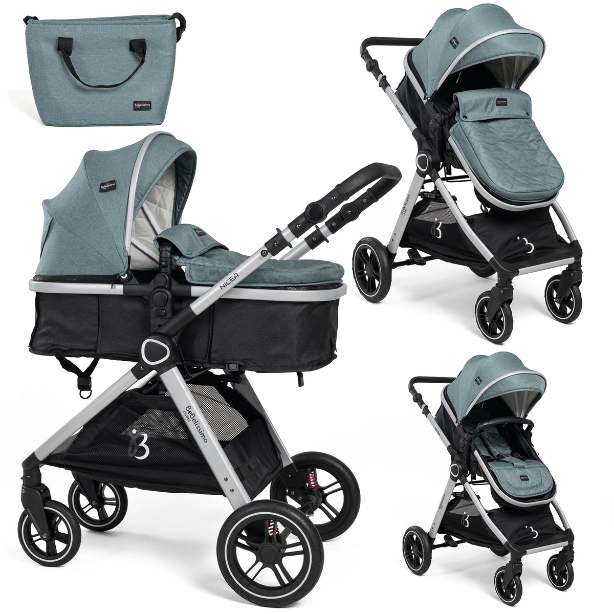 Bebelissimo Nicea 2-in-1 Transformeerbare Kinderwagen – Stijlvol, Comfortabel en Veelzijdig (Groen)