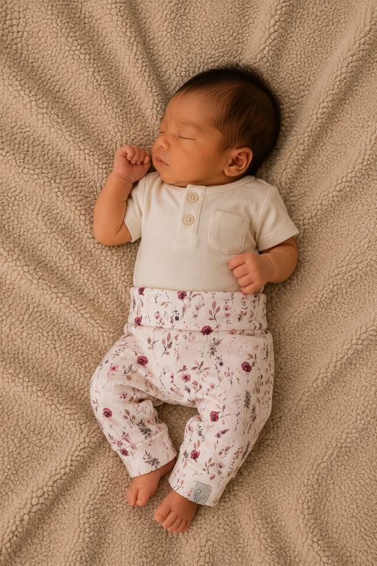 Feathers® Newborn Broekje Romantic Flower | GOTS | Handgemaakt NL | Maat 44-68 by Feathers®