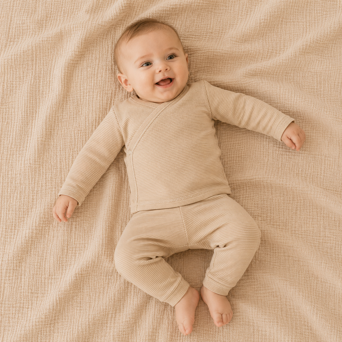 Baby in een zacht wollen overhemdje van merinowol van Esjalynn kids