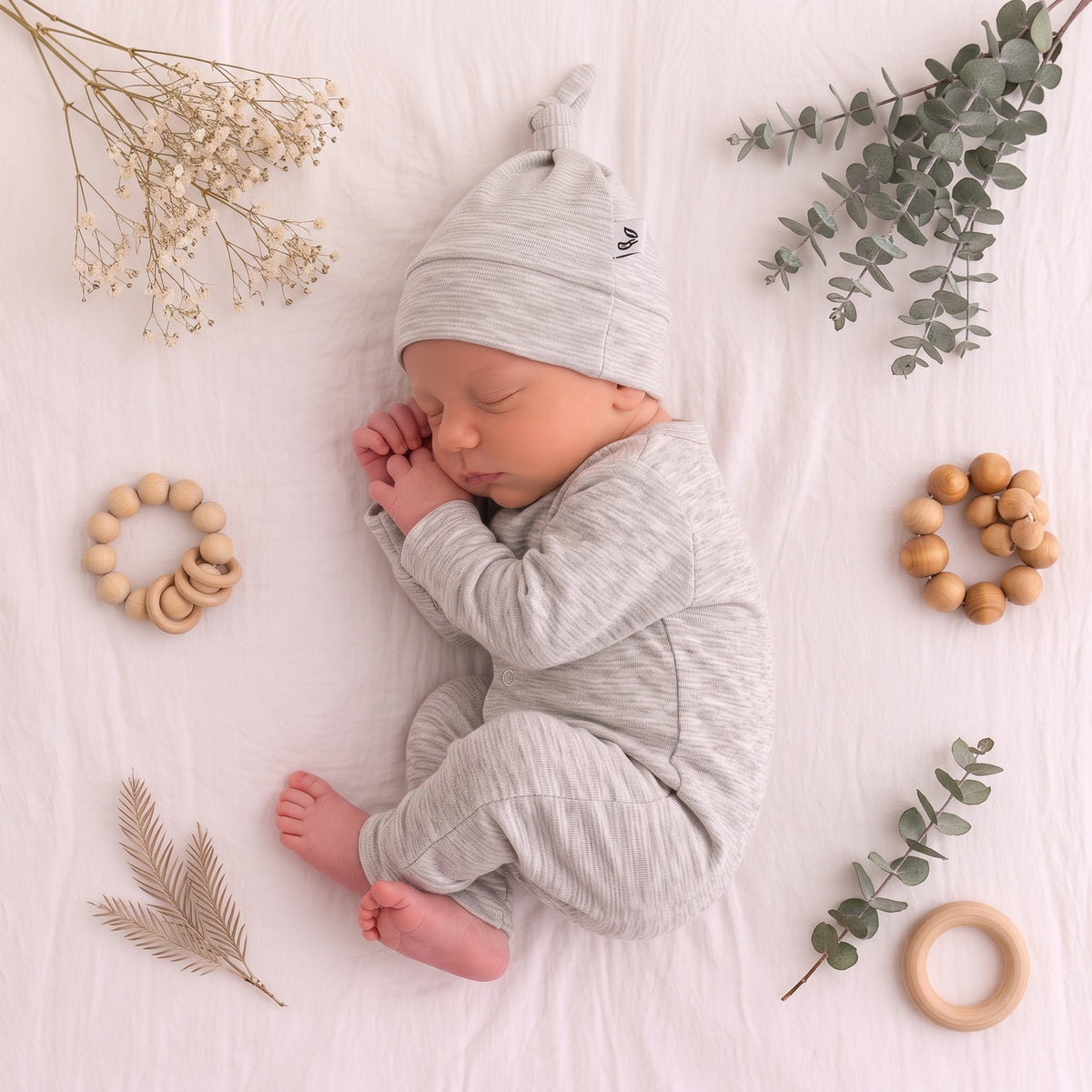 Boxpakje Rib Light Grey Melange 2-delig – Met Mutsje | GOTS | Feathers®