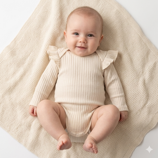 Rompertje lange mouw naturel beige met ruffle van brede rib jersey