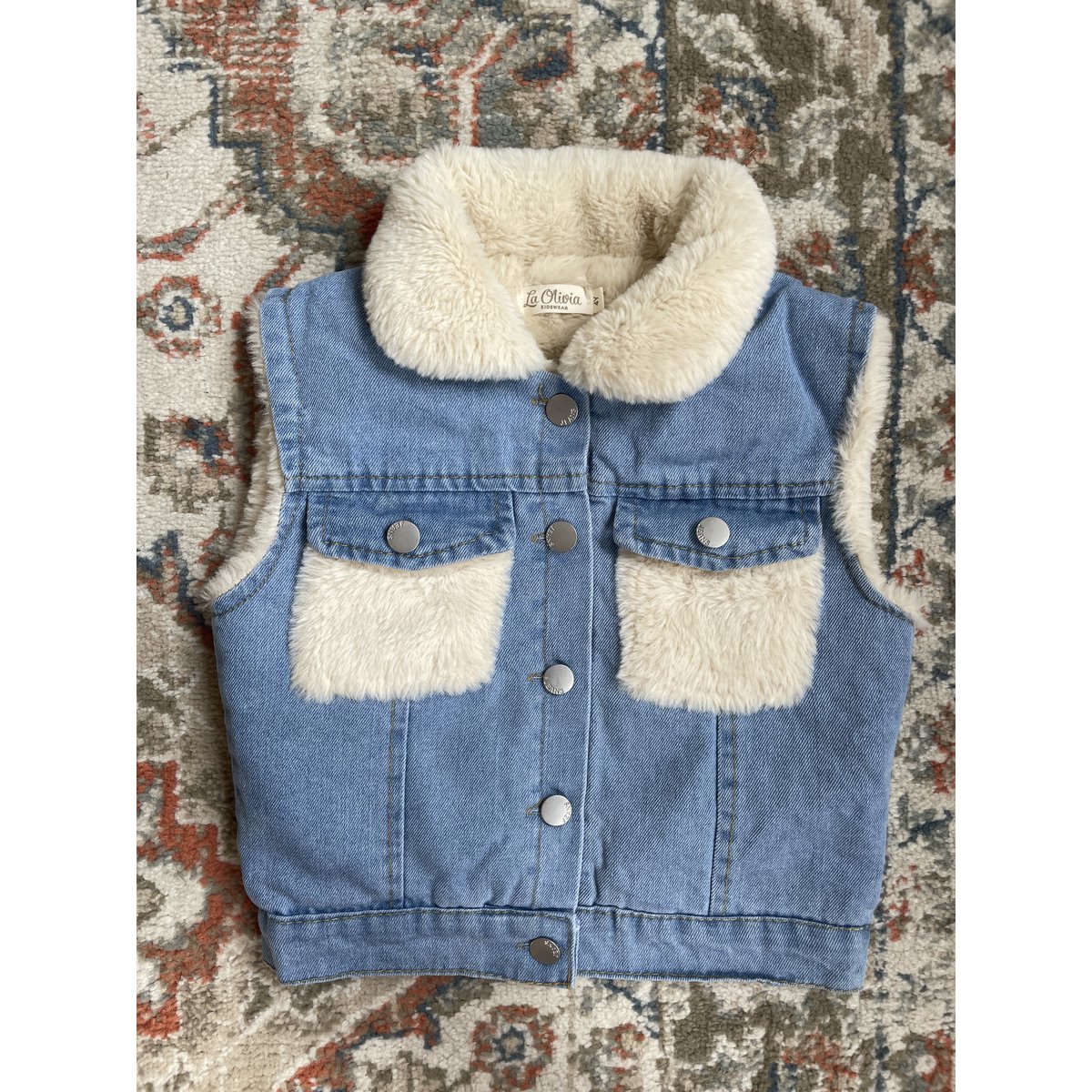 La Olivia Kids London Denimvest — Denim & Nepbont, Denimblauw & Gebroken Wit (2Y–6Y)