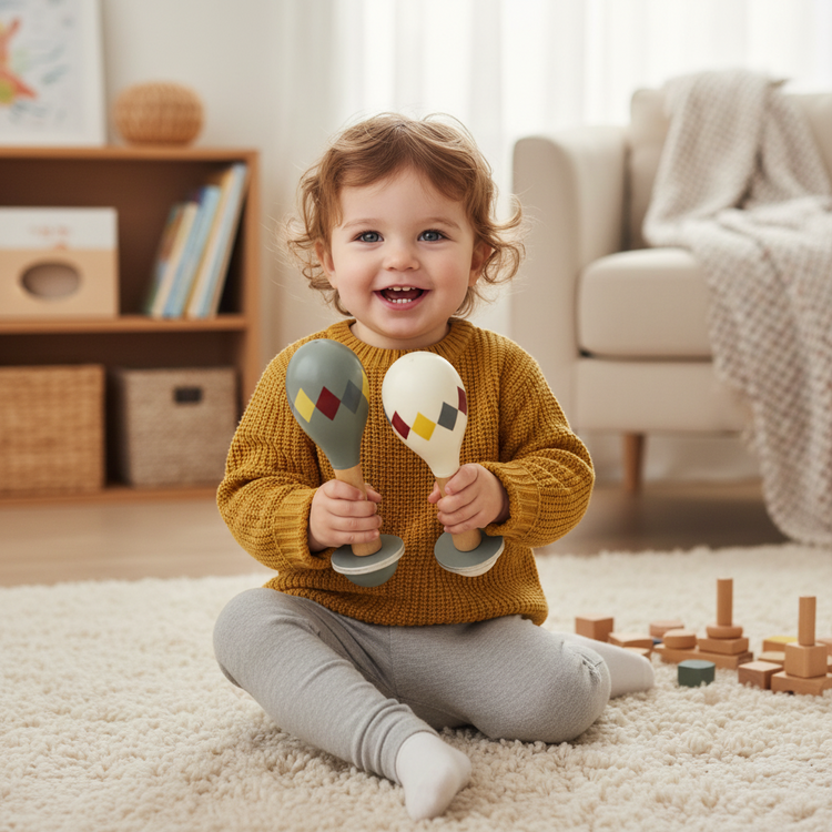MAMAMEMO® Maracas Wit Harlekin – Houten Babyspeelgoed vanaf 5 Maanden by Mamamemo
